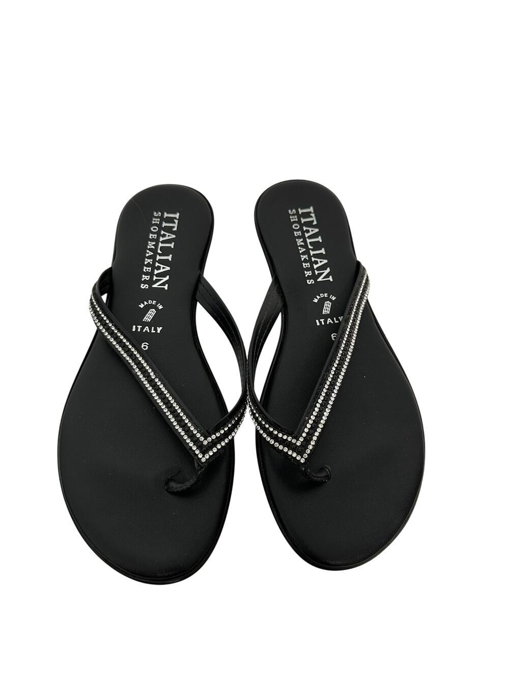 Italian Shoemakers Black Rhinestone Flip Flop Sandals Made in Italy Size 6